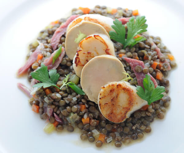 Green Lentil Cassoulet With Waxed Duck & Seared Scallops