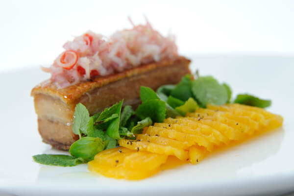 Pan-seared Confit Pork Belly With Compressed Pineapple Carpaccio & Mint Salad