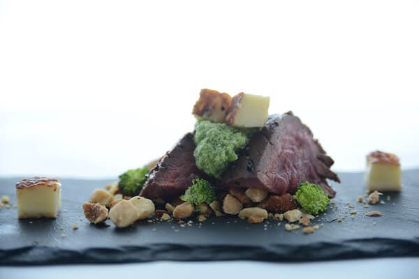 seared beef skirt steak & haloumi cheese with broccoli pesto