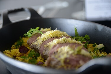 Sous vide lamb shoulder with yellow capsicum & saffron couscous
