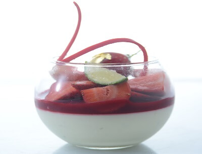 Lime mousse with raspberry coulis & strawberry