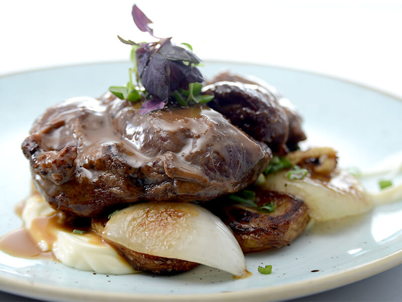 five-spice braised pork cheek with marmite butter sauce and mayo dressing