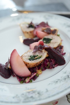 Chicken Roulade with Baby Spinach, Purple Cabbage Salsa & Purple Cabbage Puree