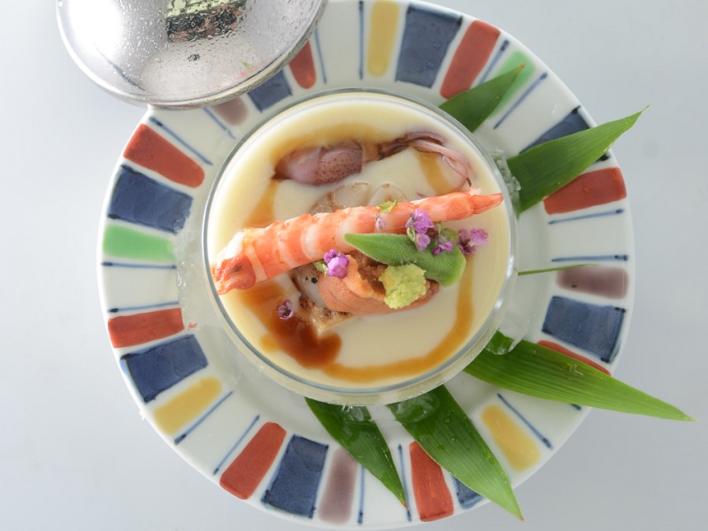 cold vichyssoise with seafood, sesame tofu
