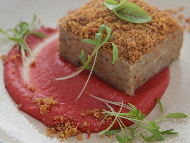 Classic American Meatloaf with Salted Egg Crumble & Tomato Beet Purée