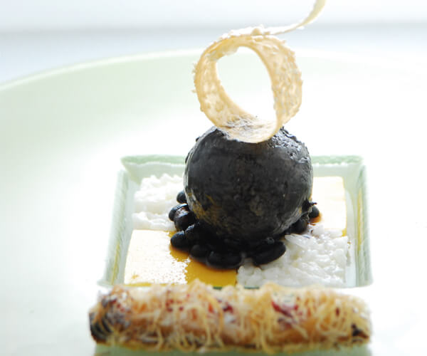 Black Soy Ice Cream, Sticky Rice and Mango Squares and Warm Quince Strudel