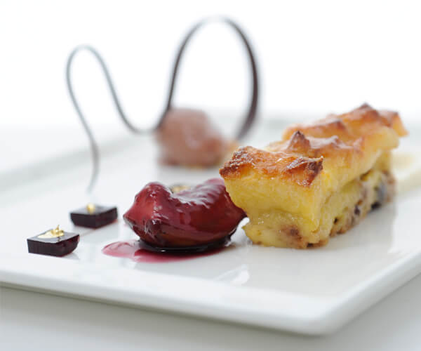Brie Cheese Bread and Butter Pudding, Fig Sorbet and Red Wine Sauce
