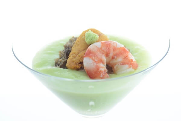 edamame soymilk soup with awabi abalone, sweet prawn & uni sea urchin