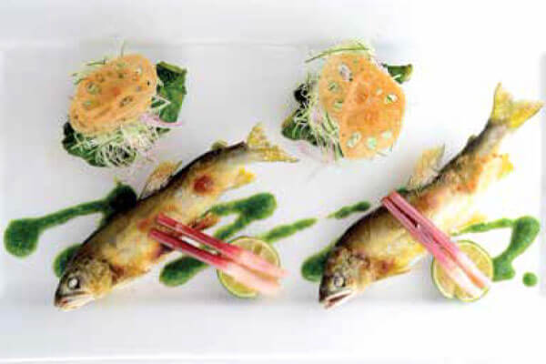 Grilled sea bass & ayu with tade dressing & vinaigrette