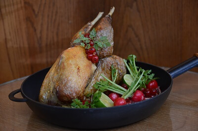 Roasted Guinea Fowl with Port Veal Glacé, Sautéed Red Currant, Red Baby Beet & Lime