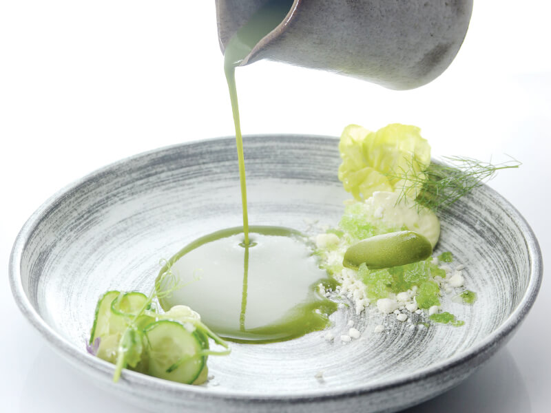 chilled cucumber soup with avocado foam & buttermilk snow