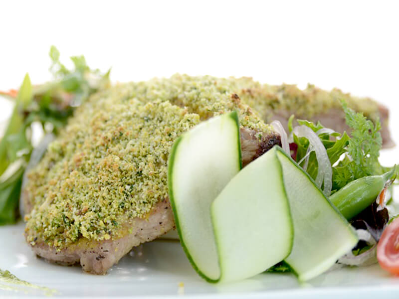 U.S herb crusted pork chop with green asparagus & green bean